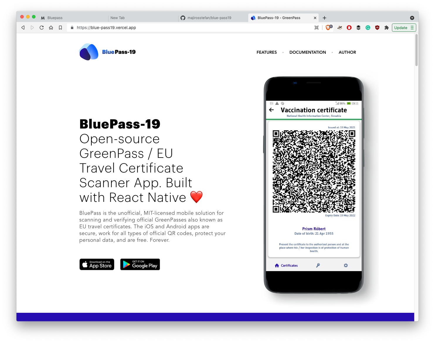 Bluepass, Greenpass - Open-source EU Covid Travel Certificate QR Scanner